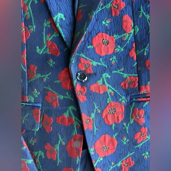 Navy Men's Print Blazer with Red Poppy Print 38R